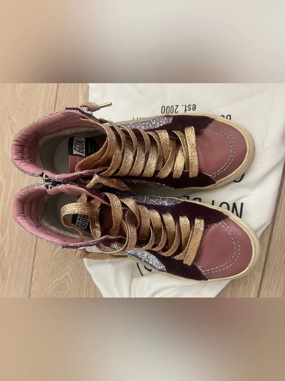 Golden goose glitter slides pink gold burgundy size 40